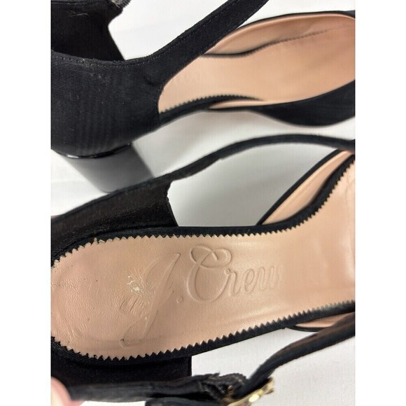 J Crew Millie Ankle Strap Heels Black Leather Moire 9 Block Heel - Picture 9 of 12